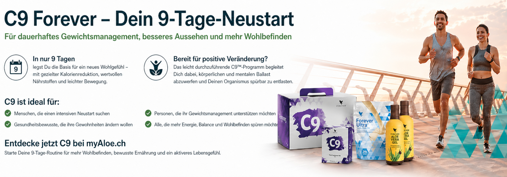 Entdecke jetzt C9 und starte Deine 9-Tage-Routine - C9 ist die Basis für ein neues Wohlgefühl. Mit gezielter Kalorienreduktion, wertvollen Nährstoffen und leichter Bewegung sorgt C9 für mehr Wohlbefinden, eine bewusste Ernährung und ein aktiveres Lebensgefühl.