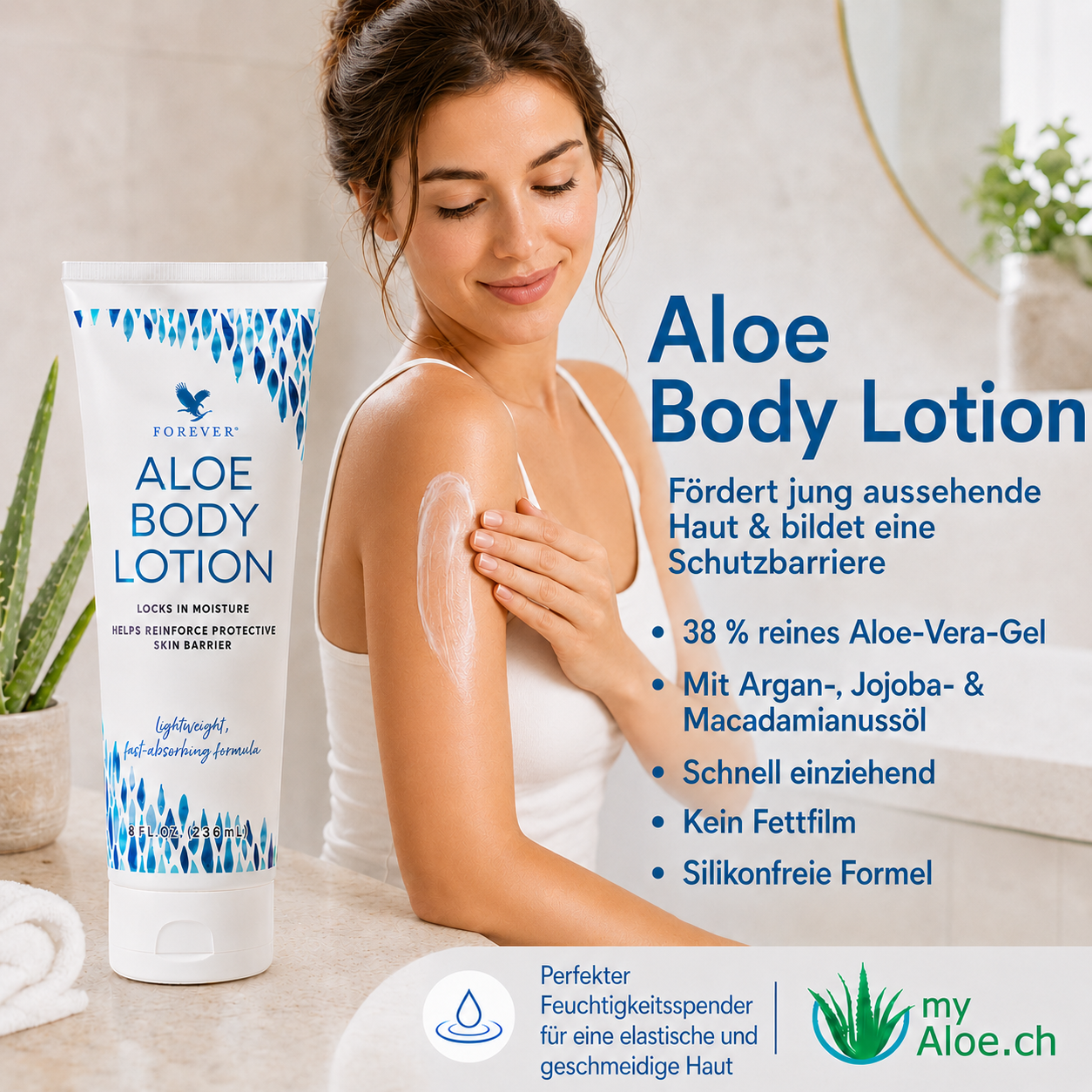 Aloe Body Lotion – tägliche Feuchtigkeit für geschmeidig gepflegte Haut 38 % Aloe Vera für leichte, feuchtigkeitsspendende Pflege Mit Argan-, Jojoba- und Macadamianussöl für zarte Haut Schnell einziehend und silikonfrei – ideal für jeden Tag Kein Fettfilm, nur geschmeidiges Hautgefühl mit Argan-, Jojoba-, und Macadamianussöl fördert jung aussehende Haut & bildet eine Schutzbarriere ❤️ Aloe Body Lotion mit 38% Aloe Vera – leichte Feuchtigkeitspflege für zarte, geschmeidige Haut. Jetzt bei myaloe.ch entdecken!