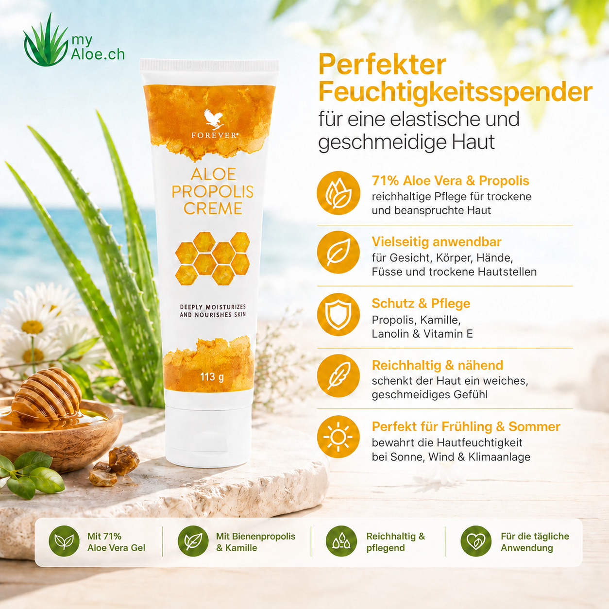 ❤️ Aloe Propolis Creme – reichhaltige Aloe Vera Pflege mit Propolis Mit 71 % Aloe Vera Gel, Bienenpropolis, Kamille & pflegenden Ölen Ideal für trockene, raue und beanspruchte Hautpartien Perfekt für Hände, Füsse, Ellbogen, Gesicht und Körper Besonders angenehm im Winter, nach der Rasur oder bei täglichem Pflegebedarf ❤️ Die Forever Aloe Propolis Creme ist eine reichhaltige Aloe Vera Creme mit Propolis für alle, die trockene Hautstellen intensiv pflegen und ein geschmeidiges, gepflegtes Hautgefühl geniessen möchten.