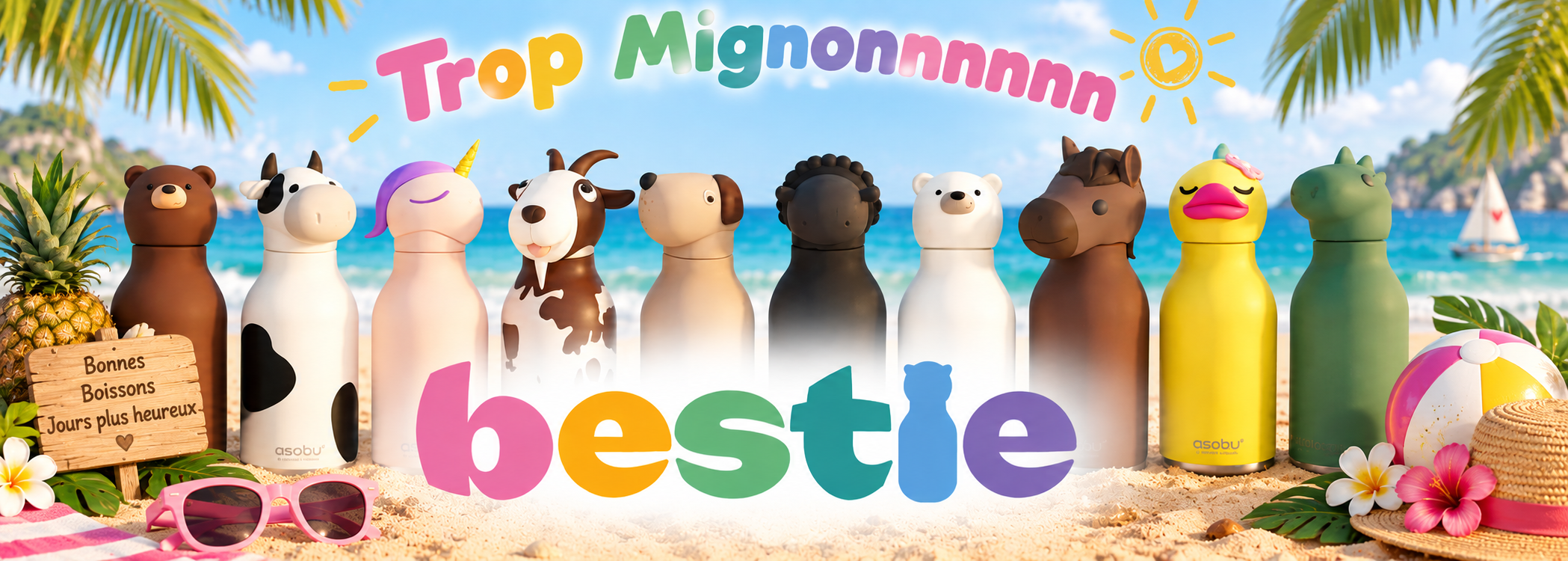 Bienvenue dans l'univers Bestie  Bienvenue dans un monde plein de fantaisie, de couleurs et de fonctionnalité. Les gourdes pour enfants ASOBU Bestie sont bien plus que de simples gourdes : ce sont des compagnons fidèles au quotidien, de petits amis et de véritables objets préférés pour les enfants. Chaque Bestie séduit par son personnage animalier conçu avec amour et rend le fait de boire facile et naturel, comme un jeu.