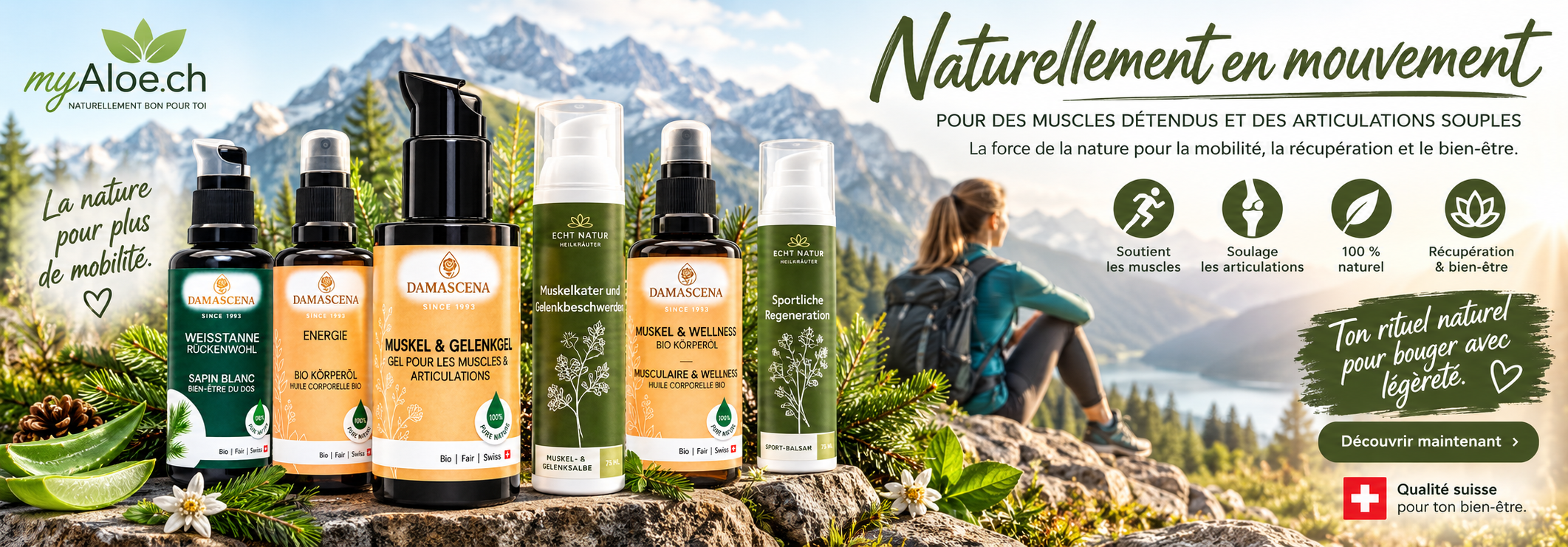 Après le sport, une randonnée, le jardinage ou une longue journée : les produits de soin pour les muscles et les articulations sélectionnés par myAloe.ch rafraîchissent, détendent, prennent soin de la peau et accompagnent la récupération des zones sollicitées. Des gels rafraîchissants aux baumes aux plantes et aux huiles de massage bienfaisantes, tu trouveras le soin adapté à ton quotidien actif.