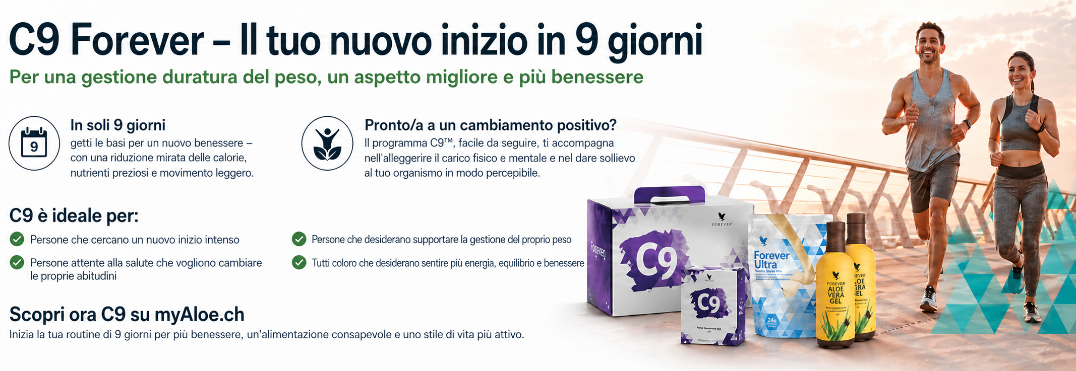 ✨ Pronto/a per un cambiamento positivo? Il programma C9 ti accompagna nel lasciare andare ciò che appesantisce corpo e mente e nel sostenere il tuo organismo con una routine più consapevole.  ⭐ Scopri ora C9 e inizia la tua routine di 9 giorni – C9 è la base per una nuova sensazione di benessere. Con una riduzione calorica mirata, nutrienti di qualità e movimento leggero, C9 ti aiuta a seguire un’alimentazione più consapevole, a muoverti di più e a vivere la quotidianità in modo più attivo.  ❤️ C9 è ideale per: ✔️ Persone che cercano un nuovo inizio intenso e vogliono cambiare le proprie abitudini ✔️ Persone attente alla salute che desiderano sostenere la gestione del peso ✔️ Tutti coloro che desiderano più energia, equilibrio e benessere