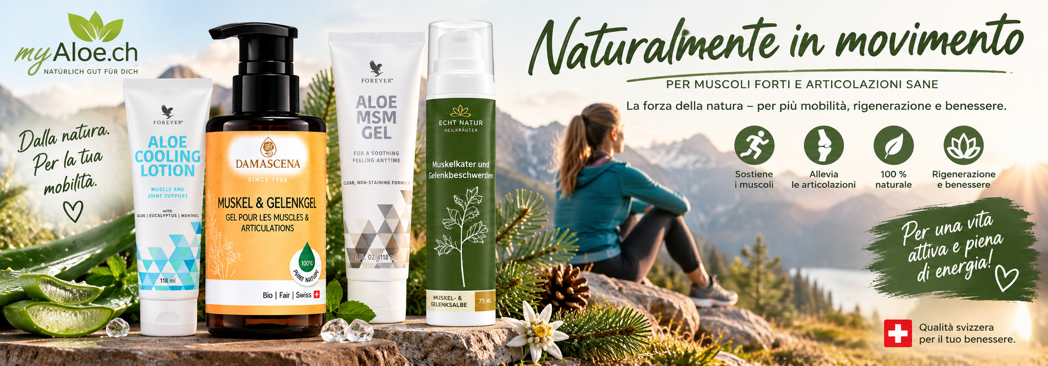 Dopo lo sport, un’escursione, il giardinaggio o una lunga giornata: i prodotti selezionati da myAloe.ch per la cura di muscoli e articolazioni rinfrescano, rilassano, si prendono cura della pelle e accompagnano il recupero delle zone più sollecitate. Dai gel rinfrescanti ai balsami alle erbe e agli oli da massaggio, trovi la cura ideale per il tuo stile di vita attivo.