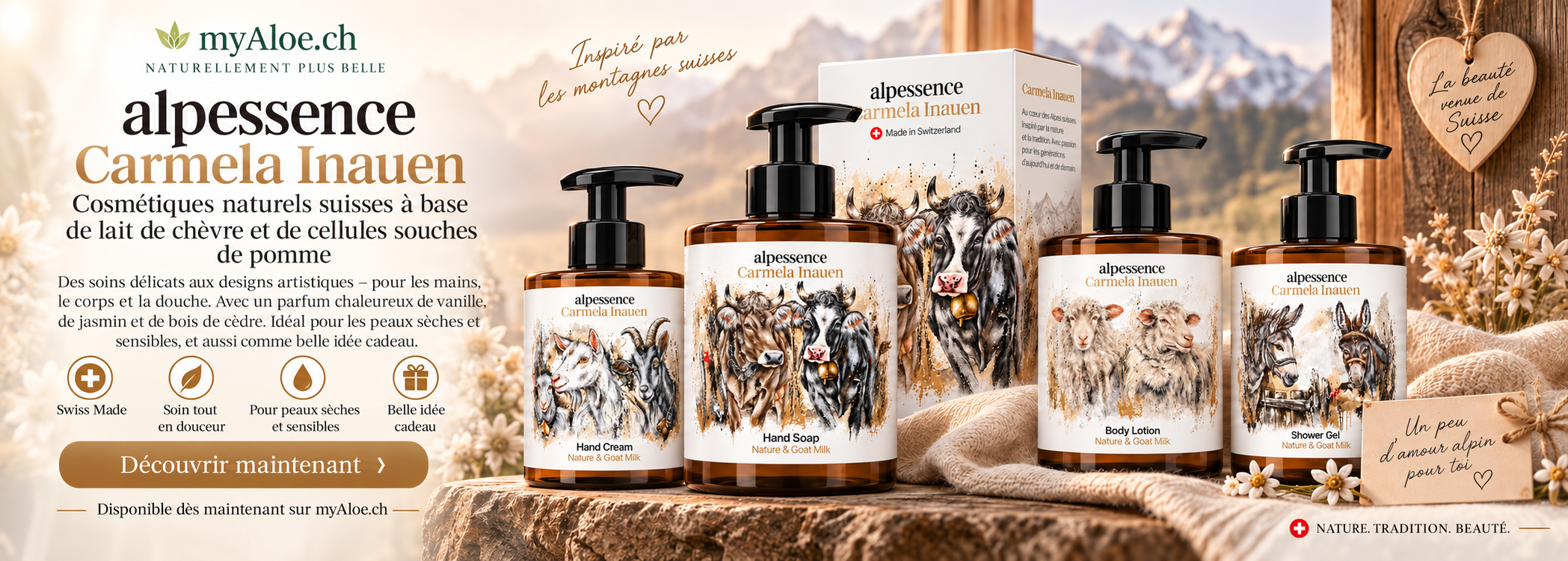 Alpessence réunit l’essence des Alpes dans une ligne de cosmétiques unique. Nos produits associent une tradition artistique, réinterprétée avec modernité par Carmela Inauen, à une fabrication cosmétique innovante et à des ingrédients naturels éprouvés.  Cette symbiose entre culture et nature donne naissance à des produits qui incarnent la valeur de nos Alpes et mettent en lumière la beauté ainsi que l’importance de la vie alpine.