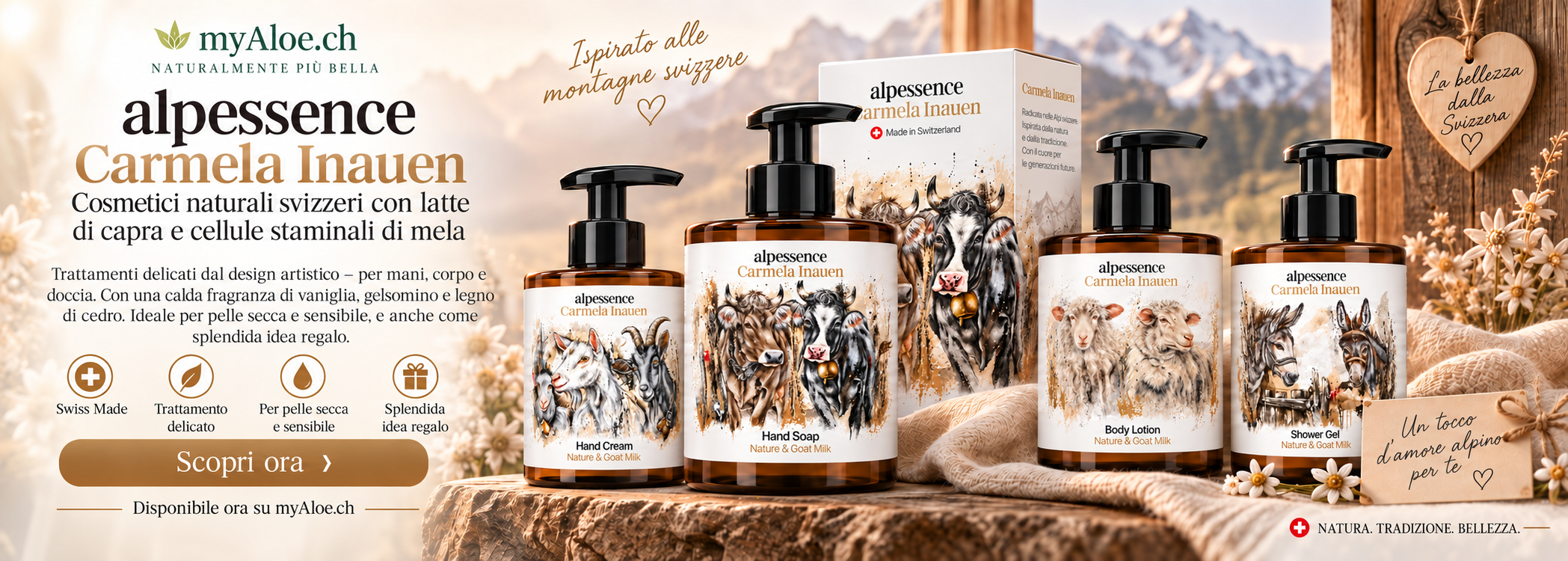 Alpessence racchiude l’essenza delle Alpi in una linea cosmetica unica. I nostri prodotti uniscono la tradizione artistica, reinterpretata in chiave moderna da Carmela Inauen, a una produzione cosmetica innovativa e a ingredienti naturali e collaudati.  Questa simbiosi tra cultura e natura dà vita a prodotti che incarnano il valore delle nostre Alpi e mettono in risalto la bellezza e il significato della vita alpina.