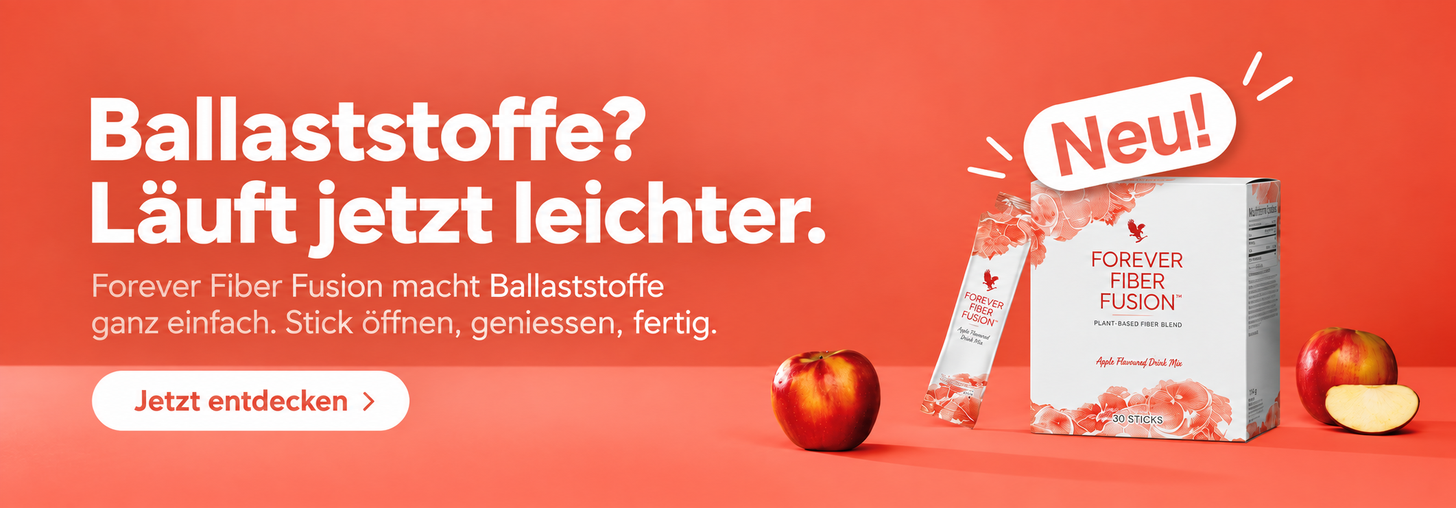 ✨ Vorteile & Anwendung Ballaststoffreiche Ernährung klingt einfach – im hektischen Alltag sieht es oft anders aus. Nicht immer stehen Vollkornprodukte, Hülsenfrüchte, Gemüse oder andere ballaststoffreiche Lebensmittel in ausreichender Menge auf dem Speiseplan.  Pulver müssen zudem häufig abgemessen und angerührt werden. Das macht die tägliche Routine unterwegs oder im Büro unnötig kompliziert.  Forever Fiber Fusion macht es einfacher: Eine Portion steckt bereits fertig dosiert in einem handlichen Jelly-Stick.  ✔️ 8 g Ballaststoffe pro Tagesportion aus mehreren ausgewählten Ballaststoffquellen ✔️ Sofort verzehrfertig – kein Wasser, Messlöffel oder Anrühren notwendig ✔️ Fruchtiger Apfelgeschmack und angenehm weiche Jelly-Textur ✔️ Mit Zink und Aloe-Vera-Gelkonzentrat aus dem inneren Blatt  Das Ergebnis: eine Ballaststoffroutine, die sich einfach integrieren lässt und sich nicht nach zusätzlichem Aufwand anfühlt.