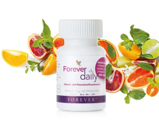 Forever daily
Forever daily ist eine optimal abgestimmte Vitamin- und Mineralstoffkombination mit ausgewogenen Extrakten aus Früchten und Gemüse. Für Männer und Frauen jeden Alters geeignet, insbesondere für Best Ager!
