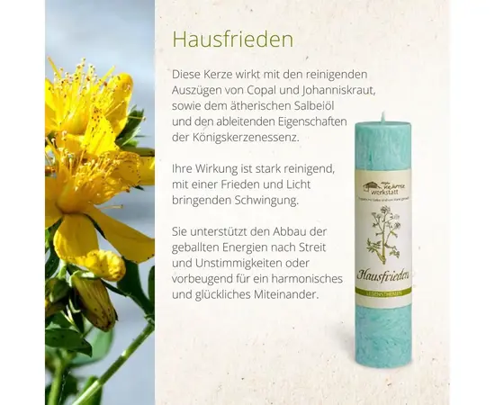 MyAloe.ch
Die Allgäuer Heilkräuterkerze "Hausfrieden" ist ein handgegossenes Naturprodukt, das mit Auszügen von Copal und Johanniskraut, ätherischem Salbeiöl sowie Königskerzenessenz angereichert ist. Sie dient dazu, schlechte Energien abzubauen und ein harmonisches Miteinander zu fördern, indem sie eine reinigende und lichtbringende Schwingung verbreitet. Die Kerze ist nicht als Duftkerze gedacht, da die ätherischen Öle für die Wirkung und nicht für ein intensives Dufterlebnis beim Anzünden sorgen. 

✨ Inhaltsstoffe und Wirkung 

✔️ Copal: Reinigende Auszüge.
✔️ Johanniskraut: Unterstützt den Abbau schlechter Energien.
✔️ Salbeiöl: Ätherisches Öl mit reinigender Wirkung.
✔️ Königskerzenessenz: Hat eine ableitende Wirkung und trägt zur Reinigung bei.

Zweck und Anwendung

✨ Harmonie: Die Kerze soll für ein harmonisches und glückliches Miteinander sorgen. 
✨ Energiearbeit: Sie wird zur Reinigung von Energien nach Streitigkeiten oder Spannungen eingesetzt. 
✨ Naturprodukt: Als Naturprodukt aus 100% pflanzlichem Stearin ist die Kerze vegan. Die Banderole sollte vor dem Anzünden entfernt werden.