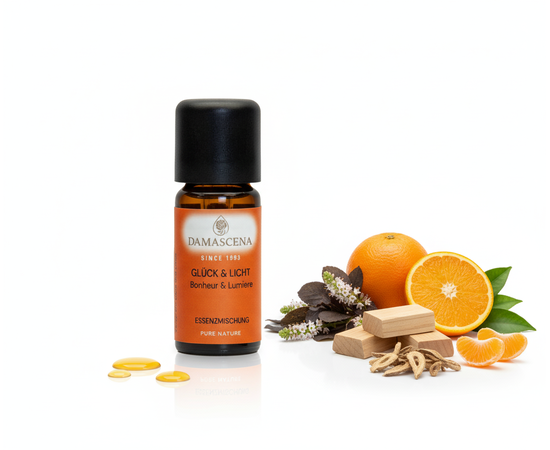 Ätherisches Öl von myAloe.ch:  Glück & Licht Essenzmischung (enthält: Linaloeholz, Patchouli, Orange süss, Angelikawurzel)