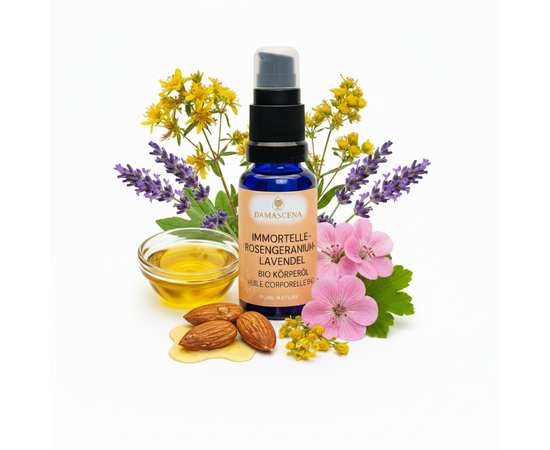 MyAloe.ch Immortelle-Rosengeranium-Lavendel Körperöl BIO: Spüre die heilende Kraft der Natur – mit jedem Tropfen. Wird seit Jahrhunderten genutzt bei Hautverletzungen, Hämatomen, Prellungen und zur Narbenpflege.