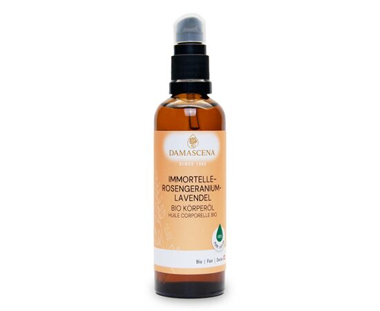 MyAloe.ch Immortelle-Rosengeranium-Lavendel Körperöl BIO: Spüre die heilende Kraft der Natur – mit jedem Tropfen. Wird seit Jahrhunderten genutzt bei Hautverletzungen, Hämatomen, Prellungen und zur Narbenpflege.