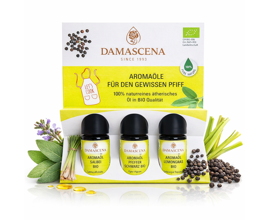 Aromaset für den gewissen Pfiff
myaloe.ch
Salbei · Pfeffer schwarz · Lemongrass – 100 % naturreine BIO Aromaöle
Kulinarische Präzision mit Charakter - Intensive Aromen. Tropfenweise dosiert. Natürlich BIO.
Das Aromaset „für den gewissen Pfiff“ vereint drei charakterstarke, 100 % naturreine BIO-Aromaöle, die speziell für den kulinarischen Einsatz entwickelt wurden. Salbei, schwarzer Pfeffer und Lemongrass ermöglichen es, Speisen und Getränke gezielt, sauber und reproduzierbar zu aromatisieren – ohne Schneiden, Mahlen oder Frischeverlust.

Dank ihrer hohen Konzentration reichen wenige Tropfen, um Gerichten Tiefe, Frische oder Würze zu verleihen. Ideal für ambitionierte Hobbyköche, kreative Küchenprofis und alle, die Aromen kontrolliert und bewusst einsetzen möchten.



Was ist das Aromaset „für den gewissen Pfiff“?
Ein Set aus drei biologisch zertifizierten, ätherischen Aromaölen (Salbei, Pfeffer schwarz, Lemongrass) zur Aromatisierung von Speisen und Getränken.

Wofür eignet sich das Aromaset?
Für herzhafte Gerichte, feine Küche, kreative Getränke, Desserts sowie für alle Rezepte, bei denen präzise Dosierung und intensiver Geschmack gefragt sind.

Wie wendet man die Aromaöle an?
Ausschliesslich tropfenweise und immer sparsam. Die Öle werden idealerweise in Fett, Sirup oder Alkohol vorverdünnt und erst danach ins Gericht eingearbeitet.