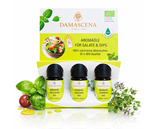 ✅ 4 Schlüsselvorteile des Aroma Set's für Salate & Dips
✔️ Extrem ergiebig & präzise dosierbar
Ein Tropfen ersetzt frische Kräuter – keine Oxidation, kein Aroma-Verlust.

✔️100 % naturrein & BIO (k.b.A.)
Frei von Zusatzstoffen, vegan, glutenfrei, rohköstlich & tierversuchsfrei.

✔️Mediterrane Geschmackskompetenz
Klassische Kräuterprofile – ideal für Salate, Dips, Saucen & Getränke.

✔️Schweizer Handabfüllung
Kontrollierte Qualität, kurze Wege, maximale Frische.



✨ Anwendung in der Küche – inkl. Profi-Tipps
➡️ Basilikum BIO Aromaöl

Ideal für:

Tomaten- & Mozzarella-Salate
Pesto, Kräuterbutter, Brot
Gemüseaufläufe & mediterrane Dressings
Tipp: 1 Tropfen in 2–3 EL Olivenöl ergibt eine intensive Basilikum-Basis für Dressings.


➡️ Oregano BIO Aromaöl

Ideal für:

Pizza & Tomatensaucen
Antipasti, Gyros, griechischer Salat
Dips mit Feta, Joghurt oder Quark
Tipp: Bitte Öl erst am Schluss zugeben – so bleibt das würzig-herbe Aroma klar und rund.


➡️ Thymian BIO Aromaöl

Ideal für:

Kräuterdips, Ofengemüse, Hülsenfrüchte
Marinaden & überraschend auch süsse Rezepte
Tipp: 1 Tropfen auf 1 EL Honig oder Sirup für spannende Kontraste.