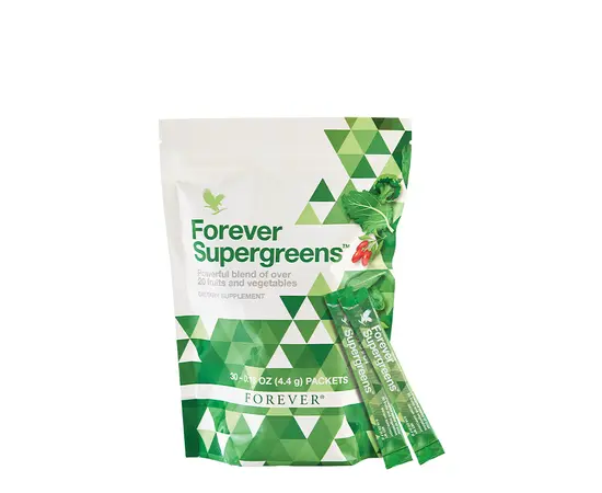 Forever Supergreens enthält über 20 Frucht- und Gemüsesorten sowie AloeVera. Die Kombination aus Vitamin C, E und Magnesium unterstützt die Leistungsfähigkeit deines Körpers. Mit Wasser oder einem anderen Getränk gemischt erhältst du einen leckeren grünen Superfood-Drink.